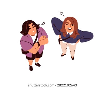 Top down view, people with different reactions, emotions, looking up. Bored uninterested woman, happy enthusiastic girl winking, smiling. Flat vector illustration isolated on white background