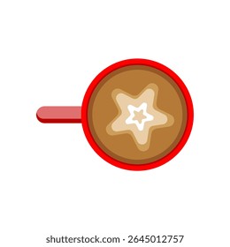 Top down view of a red coffee cup with a perfectly crafted star latte art design. Ideal for cafe promotions, cozy beverage themes, or morning routine graphics