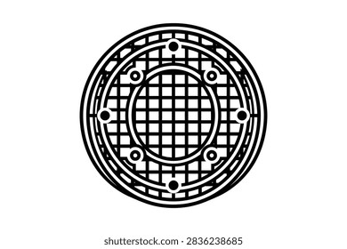 A top down view of a round manhole cover with a grid pattern design isolated on a white background
