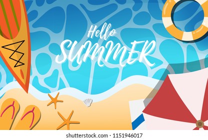 Top down view of sea beach with text "hello summer" beach umbrella,life ring,canoe,star fish,slippers,beach with ocean sea wave