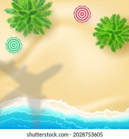 Top down view to sea shore and shadow of aeroplane over beach. Plane flying under resort. Vector background.