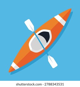 A top down view of a single orange recreational kayak featuring a white trim and a dual blade paddle resting across the cockpit isolated on a blue background