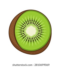 A top down view of a single slice of a fresh ripe kiwi fruit showing its vibrant green flesh and tiny black seeds inside