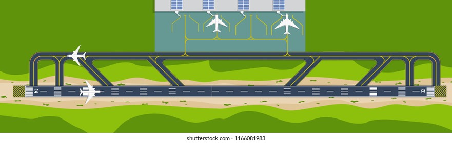 Top down view from the sky of the airport with runway and terminal with plane(airplane) is taking off or landing with cloud and copy space for text