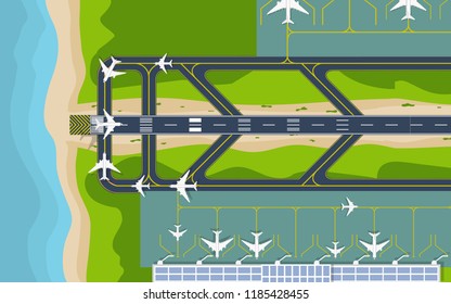 Top down view from the sky of the airport runway with plane(airplane) is taking off and landing with airport terminal with planes are parking near the beach and sea 