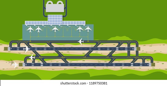 Top down view from the sky of the airport runway with plane(airplane) is taking off and landing with airport terminal with planes are parking