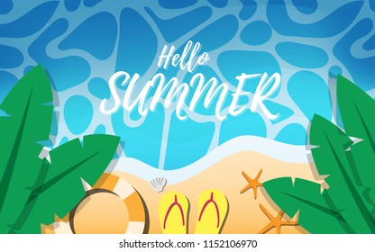 Top Down View Of Summer Tropical Beach With Life Ring,banan Tree Leaves,starfishes And Beach Slipper With Some Wave And Copy Space For Text