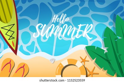 Top Down View Of Summer Tropical Beach With Canoe In Sea,life Ring,banan Tree Leaves,starfishes And Beach Slipper With Some Wave And Copy Space For Text