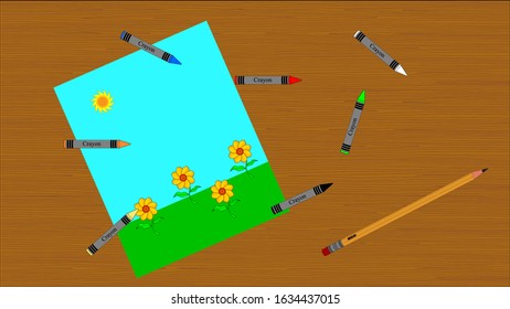 A top down view of a table with a crayon drawing of flowers and the blue sky with grass and a sun, crayons and a pencil on it.Created in groups and layers for easy Isolation