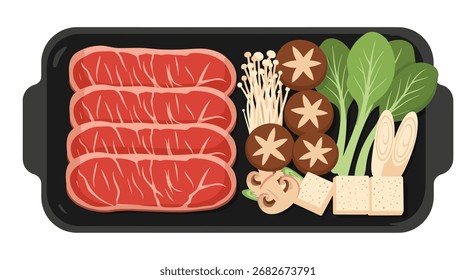 A top down view of thinly sliced raw beef steak with vegetables and tofu on a platter.