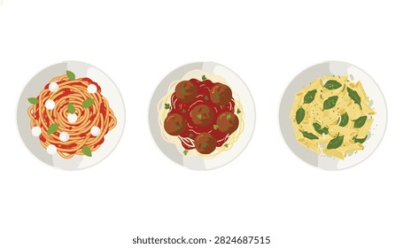 Top down view of three ceramic plates containing various pasta dishes with tomato sauce and mozzarella on a white background.