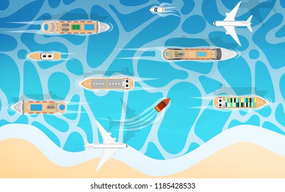 Top down view of transportation in the sea ocean with many king of sea ship(cruise ship, cargo ship,speed boat,passenger cruise ship) with airplane fly in the sky 