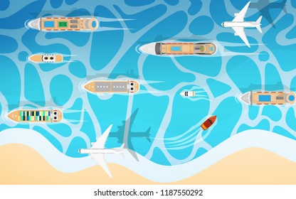 Top down view of transportation in the sea ocean with many king of sea ship(cruise ship, cargo ship,speed boat,passenger cruise ship) with airplane fly in the sky 