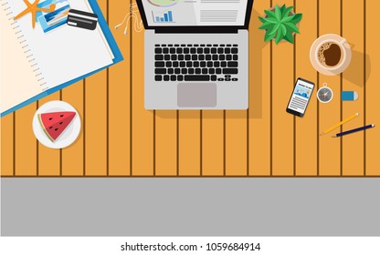 Top Down View Of Wooden Desk Table With Laptop,coffee,water Melon,notebook,mobile Phone,tropical Summer Place Sea Sand Photos,small Tree For Wallpaper,background,backdrop