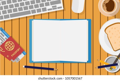 Top down view of wooden table with copy space on the empty notebook surrounded with passport,bread and coffee for breakfast,keyboard and mouse for advertising sale poster in summer planing style