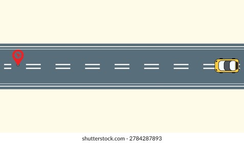 Top down view of a yellow taxi car driving on a highway toward a red map pin
