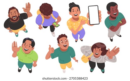 Top down view of young happy smiling people on a white background. Vector illustration in a flat style