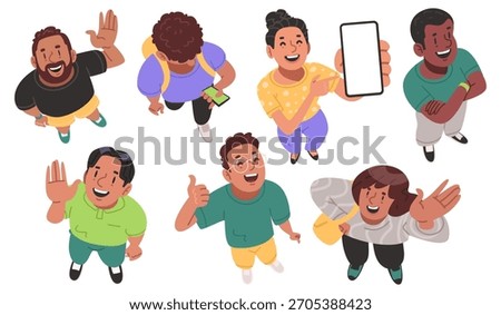 Top down view of young happy smiling people on a white background. Vector illustration in a flat style
