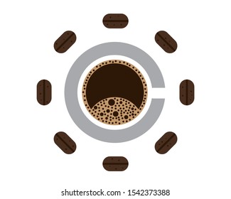 Top down white cup of coffee with bubbles on a gray plate which makes a "c" and is surrounded by brown coffee beans.