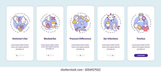 Top ear conditions onboarding mobile app page screen with concepts. Swimmer, blocked ear walkthrough 5 steps graphic instructions. UI, UX, GUI vector template with linear color illustrations