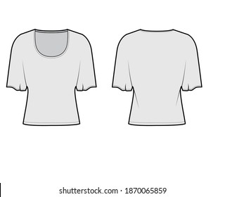 Top with elbow batwing sleeves technical fashion illustration with relax fit, under waist length, round neckline. Flat apparel blouse template front, back grey color. Women men unisex shirt CAD mockup