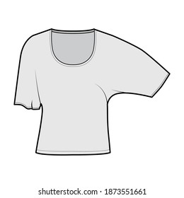 Dessus avec des manches à coude, illustration technique de mode avec ajustement de relaxation, en dessous de la taille, le col rond. Modèle de chemisier à plat, arrière-plan gris. Femmes hommes unisex chemise CAD maquette