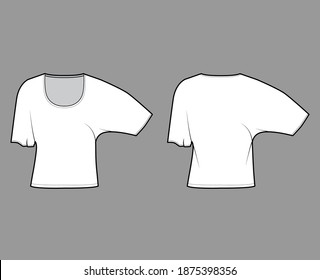 Top with elbow batwing sleeves technical fashion illustration with relax fit, under waist length, round neckline. Flat apparel blouse template front back white color. Women men unisex shirt CAD mockup