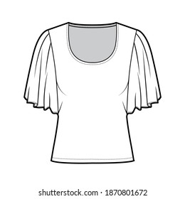 Top with elbow circle sleeves technical fashion illustration with relax fit, under waist length, round neckline. Flat apparel blouse template front, white color. Women men unisex shirt CAD mockup