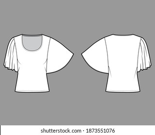 Top with elbow circle sleeves technical fashion illustration with relax fit, under waist length, round neckline. Flat apparel blouse template front, back white color. Women men unisex shirt CAD mockup
