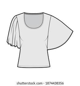 Top with elbow circle sleeves technical fashion illustration with relax fit, under waist length, round neckline. Flat apparel blouse template front, grey color. Women men unisex shirt CAD mockup