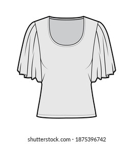 Top with elbow circle sleeves technical fashion illustration with relax fit, under waist length, round neckline. Flat apparel blouse template front, grey color. Women men unisex shirt CAD mockup