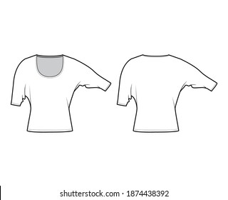 Top with elbow dolman sleeves technical fashion illustration with relax fit, under waist length, round neckline. Flat apparel blouse template front, back white color. Women men unisex shirt CAD mockup