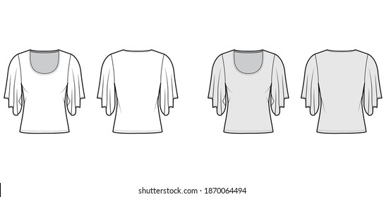 Top with elbow kimono sleeves technical fashion illustration with relax fit, under waist length, round neckline. Flat blouse template front, back white grey color. Women men unisex shirt CAD mockup