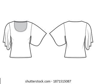 Top with elbow kimono sleeves technical fashion illustration with relax fit, under waist length, round neckline. Flat apparel blouse template front, back white color. Women men unisex shirt CAD mockup