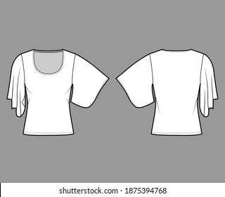 Oben mit Ellbogen Kimono Ärmel technische Mode Illustration mit Relax fit, unter der Taille, runde Halskette. Flache Bekleidungsbluse Vorder-Vorlage, schwarz-weiß. Frauen Männer Unisex-Shirt-CAD-Modell