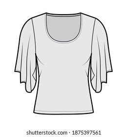 Top with elbow kimono sleeves technical fashion illustration with relax fit, under waist length, round neckline. Flat apparel blouse template front, grey color. Women men unisex shirt CAD mockup