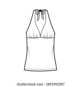 Top empire seam and tieback halter tank technical fashion illustration with close-fitting shape, oversized. Flat apparel shirt outwear template front, white color. Women men unisex CAD mockup