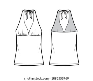 Top empire seam and tieback halter tank technical fashion illustration with close-fitting shape, oversized. Flat apparel shirt outwear template front, back, white color. Women men unisex CAD mockup