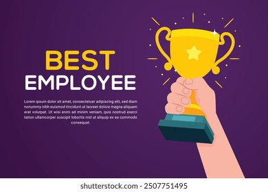 Mejor empleado, mejor empleado, ganador de la competencia y mejor rendimiento. Mano que sostiene el trofeo en Ilustración vectorial plana del estilo