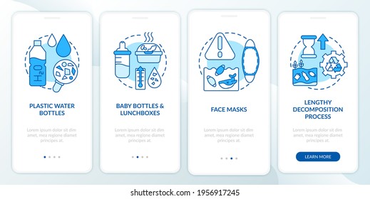 Top environmental challenges onboarding mobile app page screen with concepts. Face masks and bottles walkthrough 4 steps graphic instructions. UI vector template with RGB color illustrations