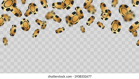 Top falling golden with black poker chips, tokens on transparent background. Vector illustration.