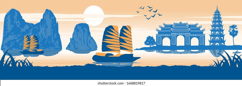 top famous landmark of Vietnam,Ship,Ha long bay,Emperor palace complex in Hue and Tran Quoc pagoda in sunset time,silhouette design,Vintage color,vector illustration
