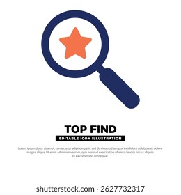 Top Find Icon. Magnifying Glass with Star Symbol for Highlighted Results. Flat Vector.