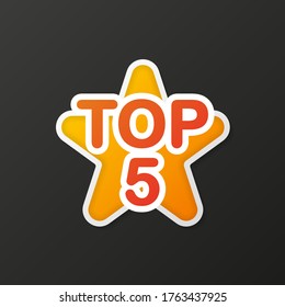 Top five colorful star in 3D style on gradient gray background. Vector illustration.