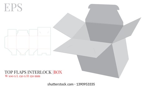 Top flaps Inter lock Box Template, vector with die cut / laser cut layers. White, clear, blank, isolated open box mock up on white background with perspective presentation