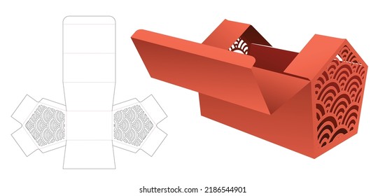 Top flip house shaped box with stenciled Japanese pattern die cut template and 3D mockup