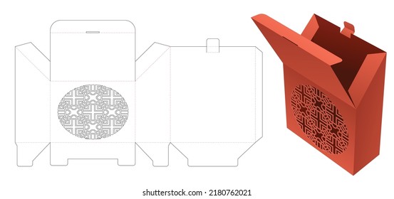 Top flip sloped box with stenciled pattern die cut template and 3D mockup