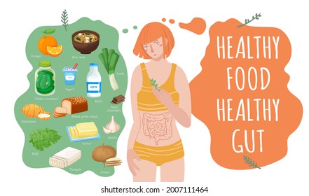 Top foods for gut health. Healthy products collection. Vegan food set. Editable vector illustration in bright colors with character. Flat cartoon style. Landscape poster. Medical banner background.