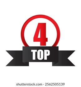 Top four badge. Bold red number 4. Black ribbon symbol. Vector icon.