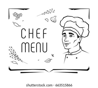 Top frame for the header of menu with portrait of a smiling pretty young chef in a cook hat, black vector drawing, isolated on white background.